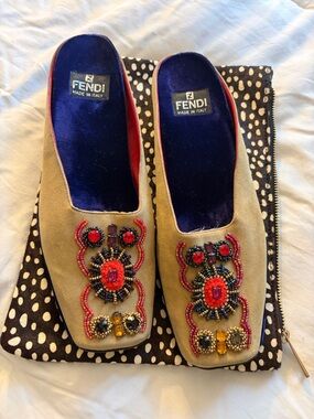 Fendi Tan Suede Beaded Mules with Multicolor Embellishment